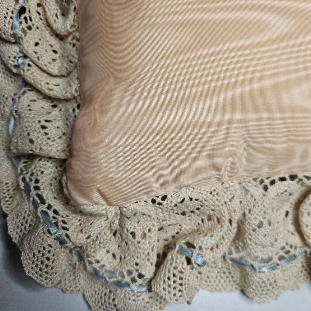 Vtg Lace Boudoir Pillow Peach Satin Crochet Doily‎ Faux Pearl Blue Ribbon Trim